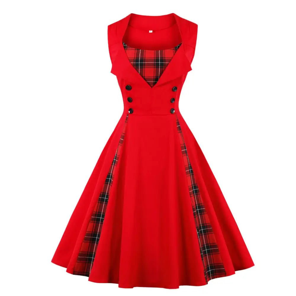 1950's Red Polkadot Pinup Girl Dress with Flowing Skirt and Vested Front - Cosparty