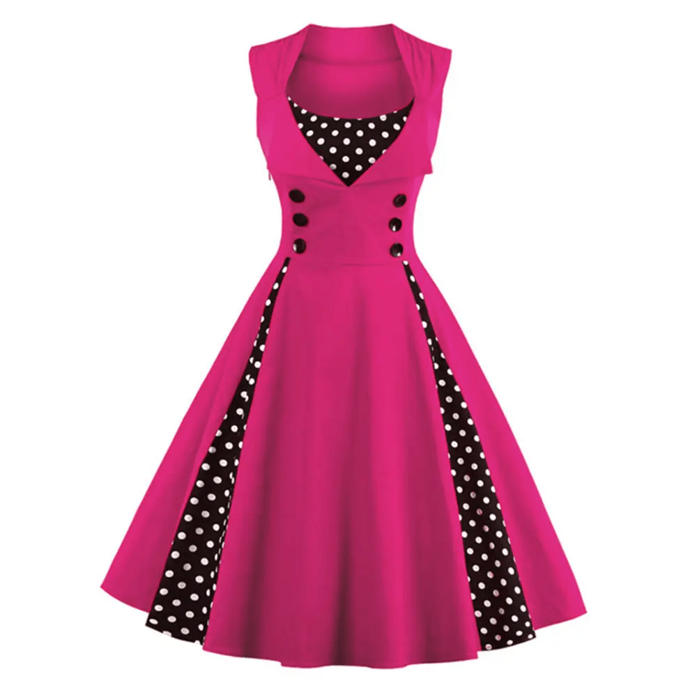 1950's Red Polkadot Pinup Girl Dress with Flowing Skirt and Vested Front - Cosparty