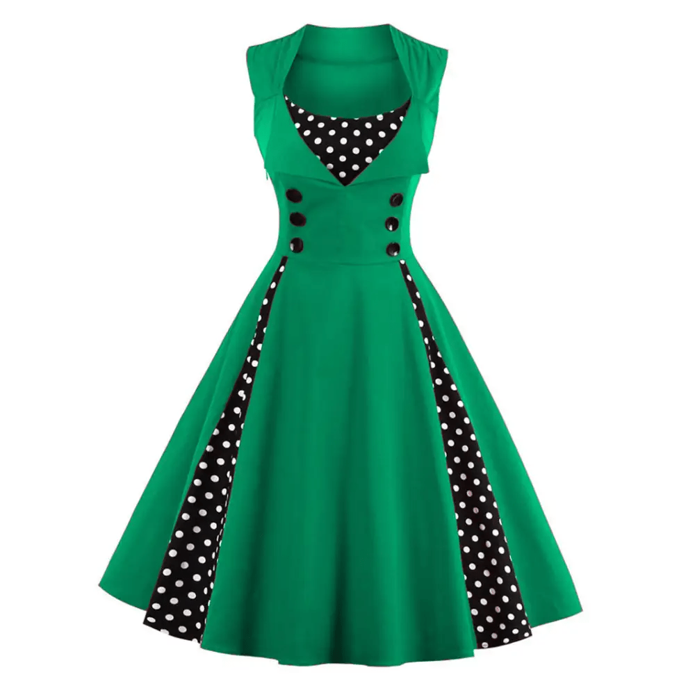 1950's Red Polkadot Pinup Girl Dress with Flowing Skirt and Vested Front - Cosparty