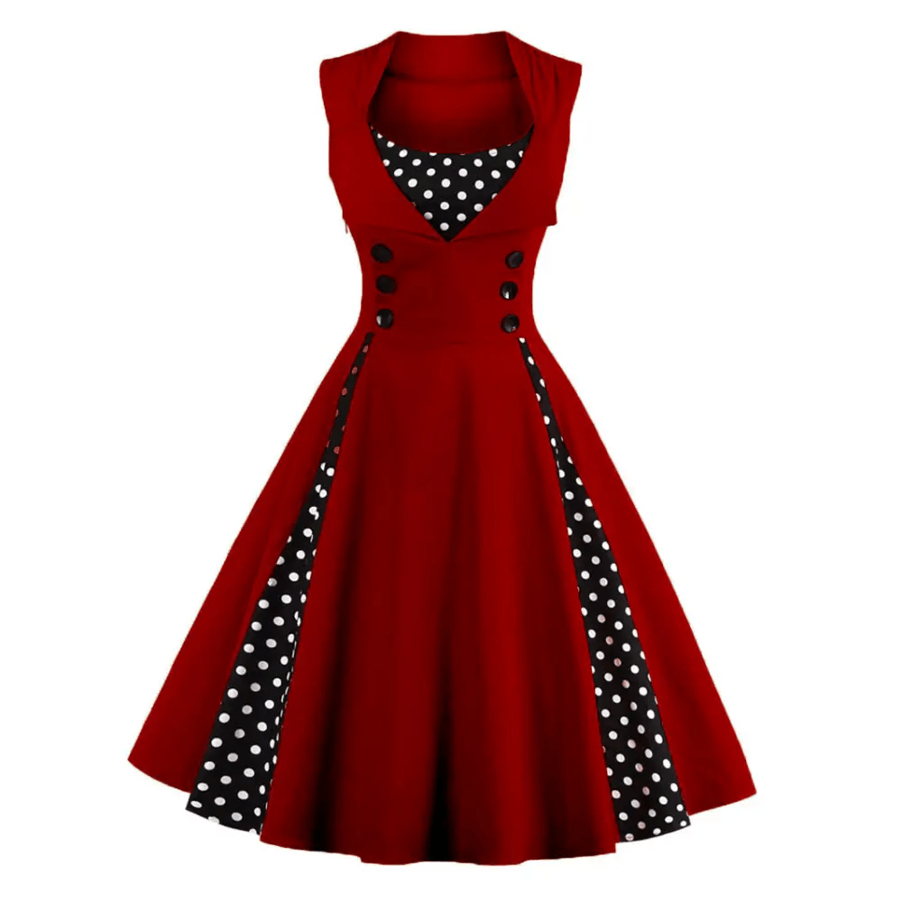 1950's Red Polkadot Pinup Girl Dress with Flowing Skirt and Vested Front - Cosparty
