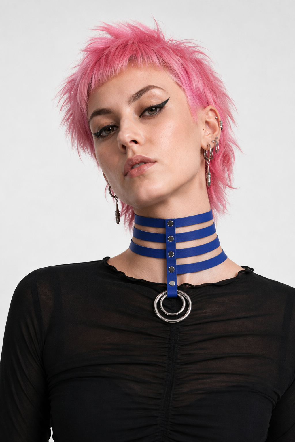 Vegan Leather High Elongated Collar with Built-in O-Ring Hook Blue