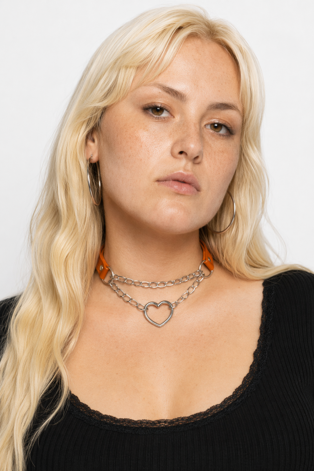 Thick Vegan Leather Chained Heart Choker Necklace Orange