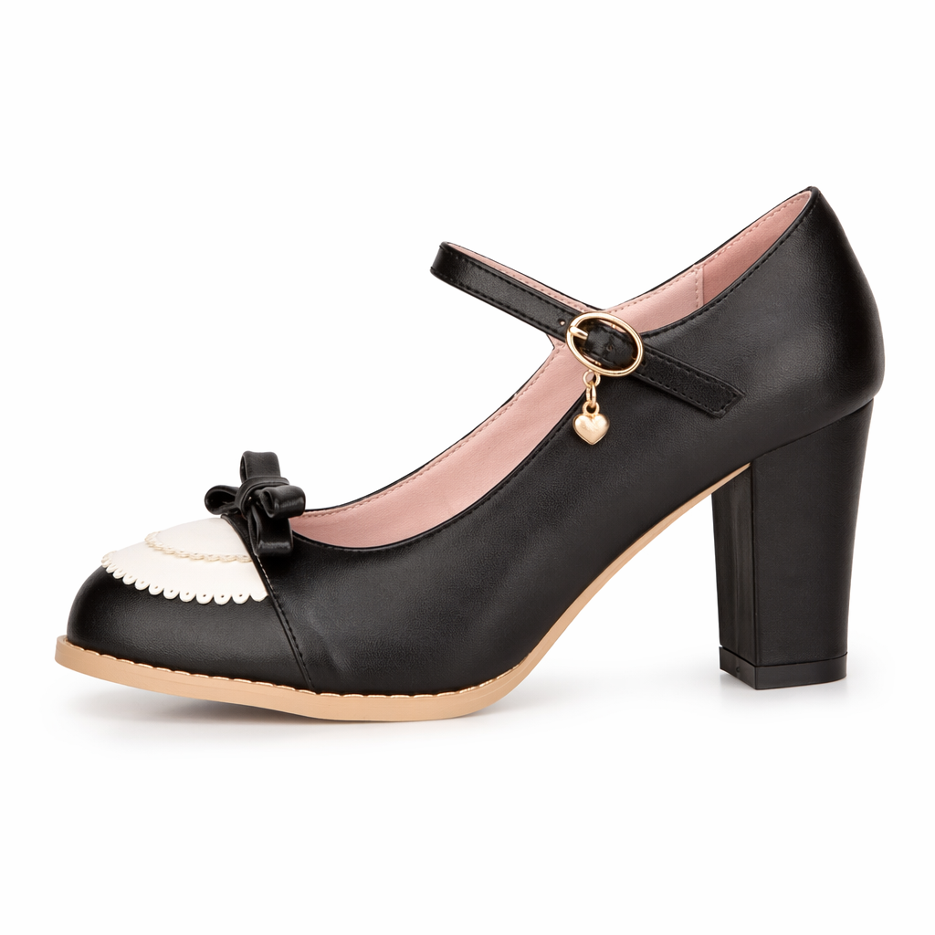 Sweet Lolita Heels with Lace Trim and Bow Details Black