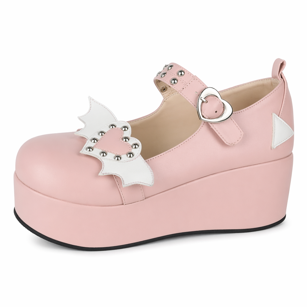 Babydoll Platform Wedge Mary Jane Shoes with Heart Buckle Pink Winged Heart