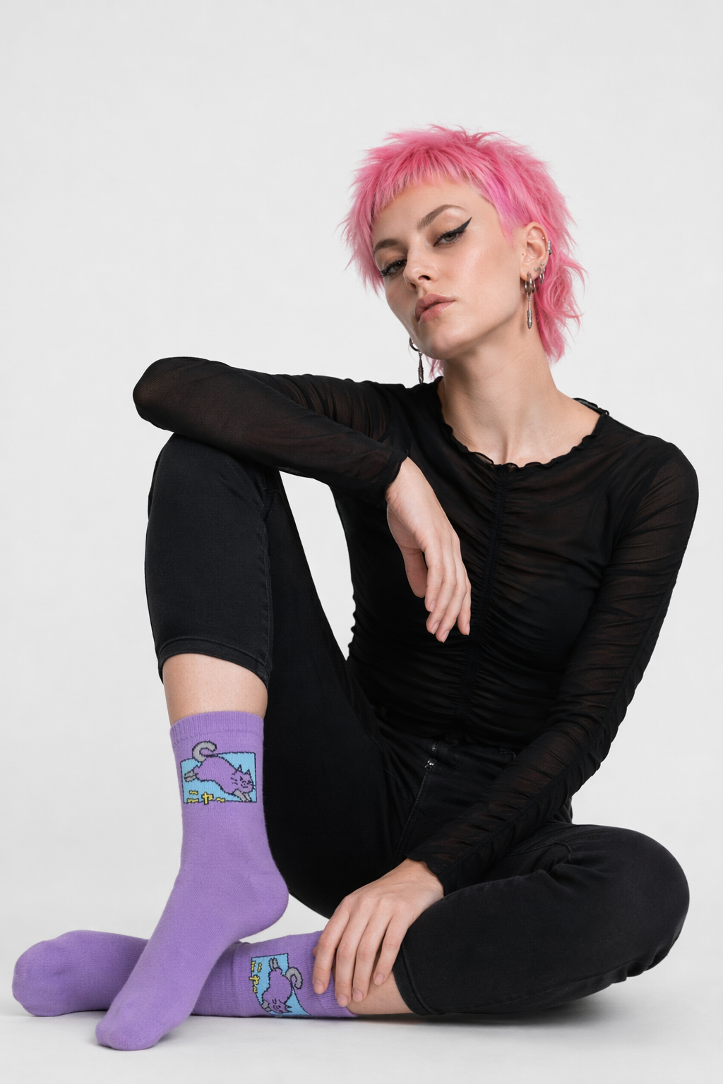 Kawaii Japanese Harajuku Cotton Prehistoric Socks Purple Cat