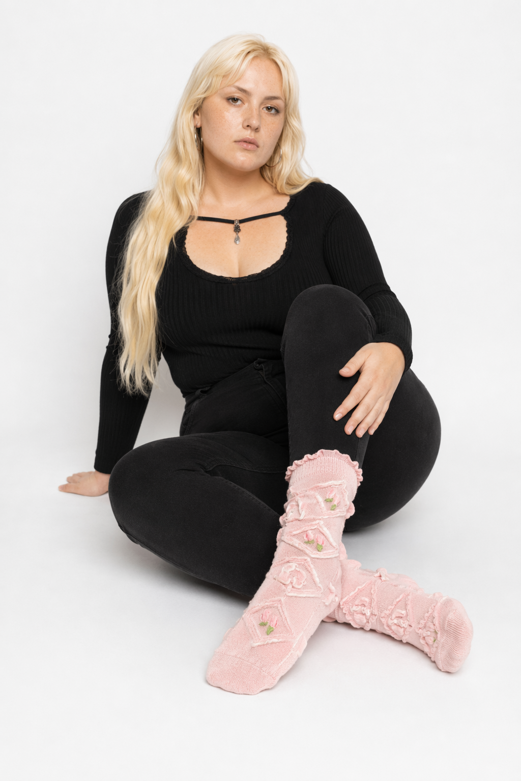 Textured Angelic Socks with Knit Detailing and Rosebud Embellishments No4