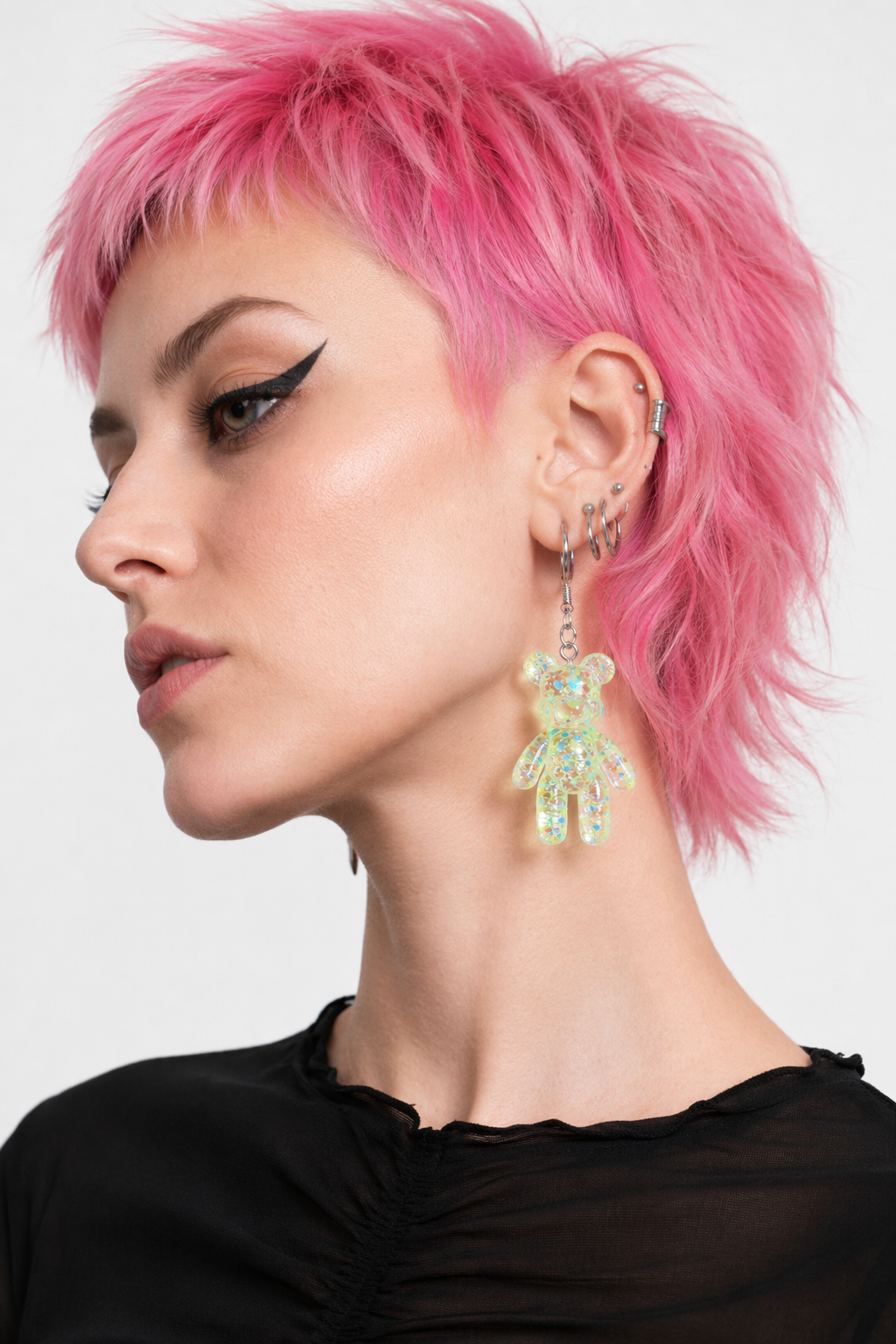Kawaii Large Bear Earrings in Bright Glittery Colors Green