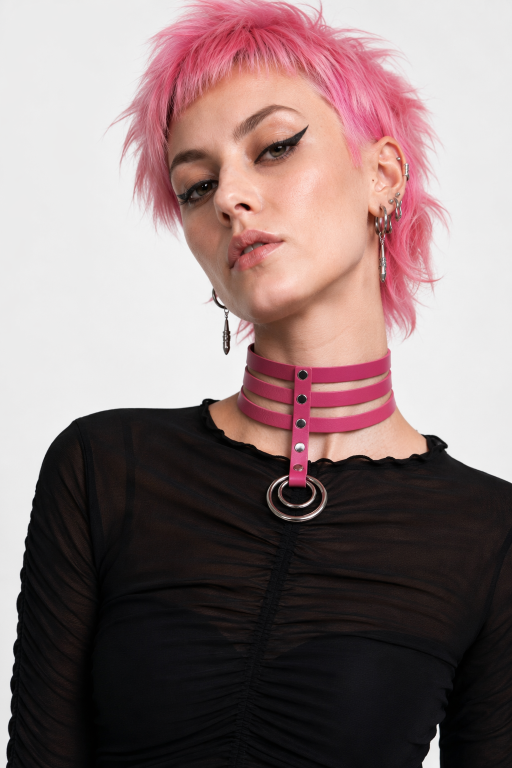 Vegan Leather High Elongated Collar with Built-in O-Ring Hook Rose