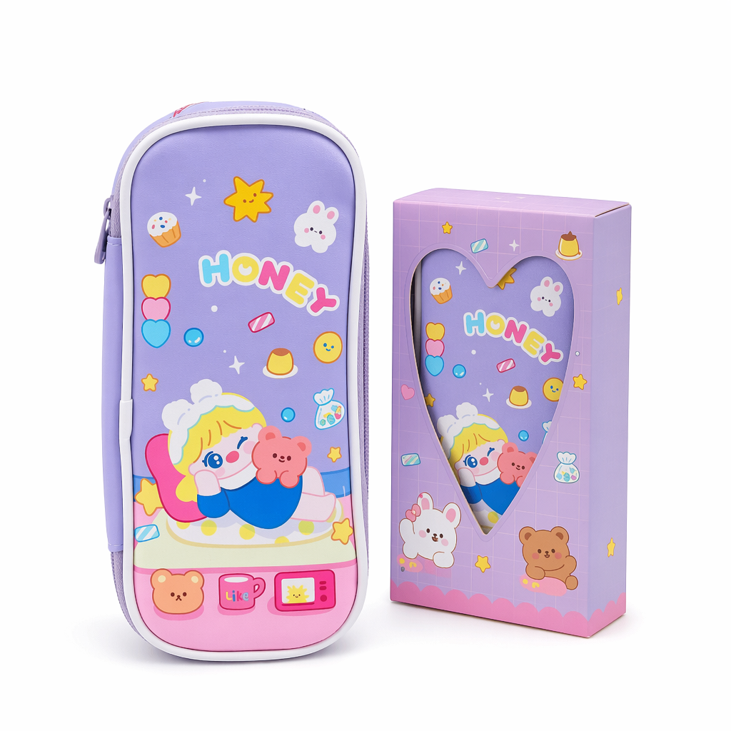 Vibrant Kawaii Bunny Bear Puppy Pencil Case or Makeup Bag Purple Honey