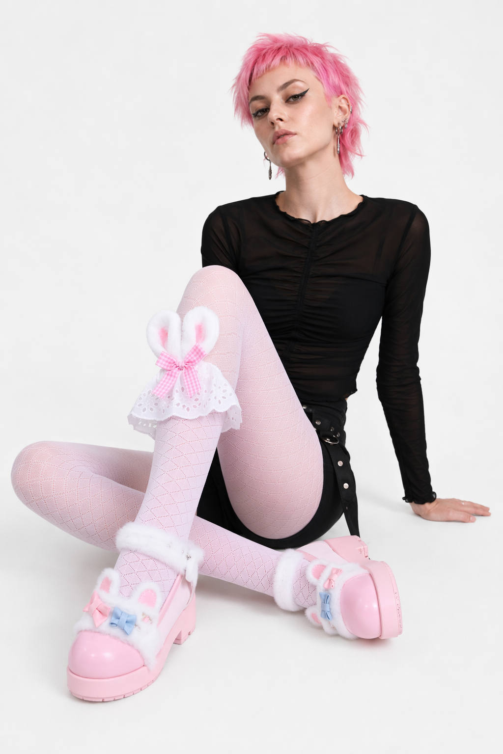 Baby Bun Lace Bunny Ear Lolita Stockings with Ruffled Doily Top Pink