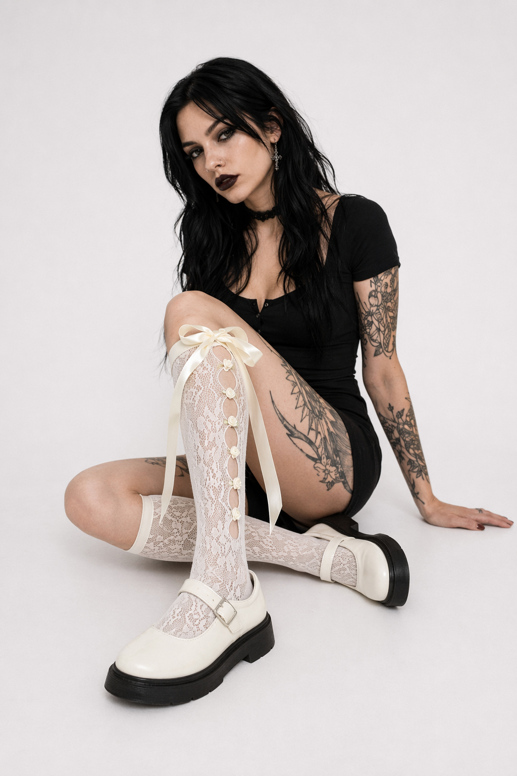 Lolita Lace Ribbon Rosebud Stockings in Black or White Cream Bow Side White Rosebuds