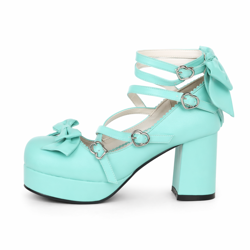 Classic Strappy Wrap-Around Ankle Lolita Shoes with Block Heel Lake Blue