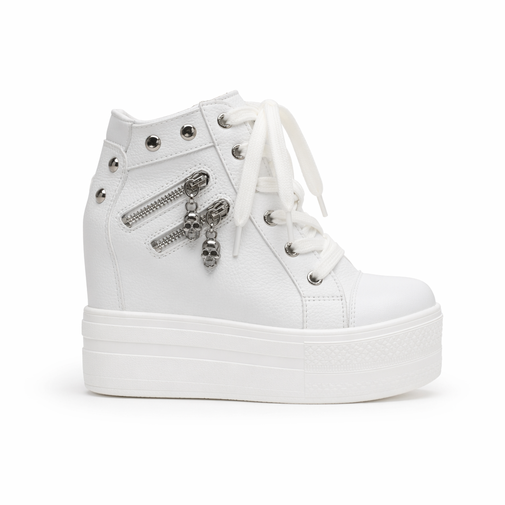 Chunky Wedge Platform Sneakers with Studs and Skull Zippers White