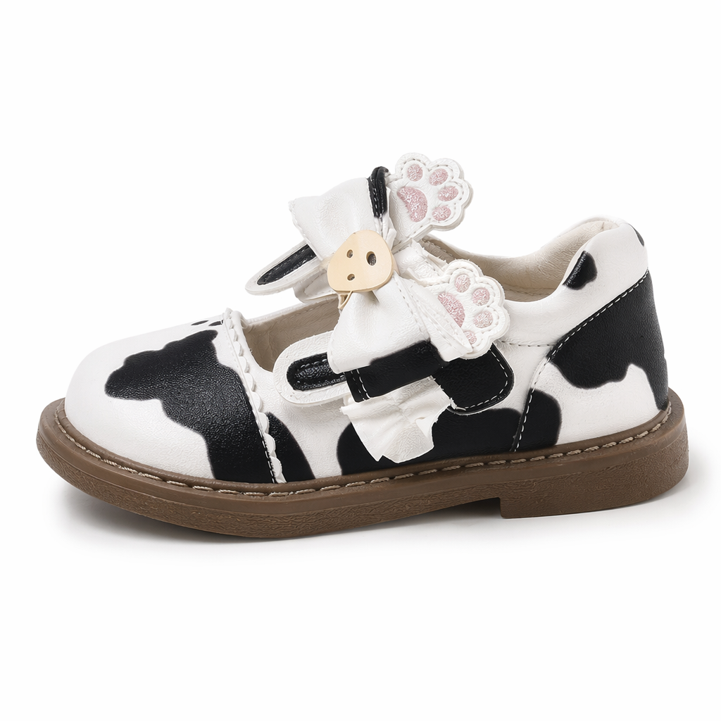 Sweet Cow Print Maryjane Shoes with Embellished Bow and Paw Prints 6