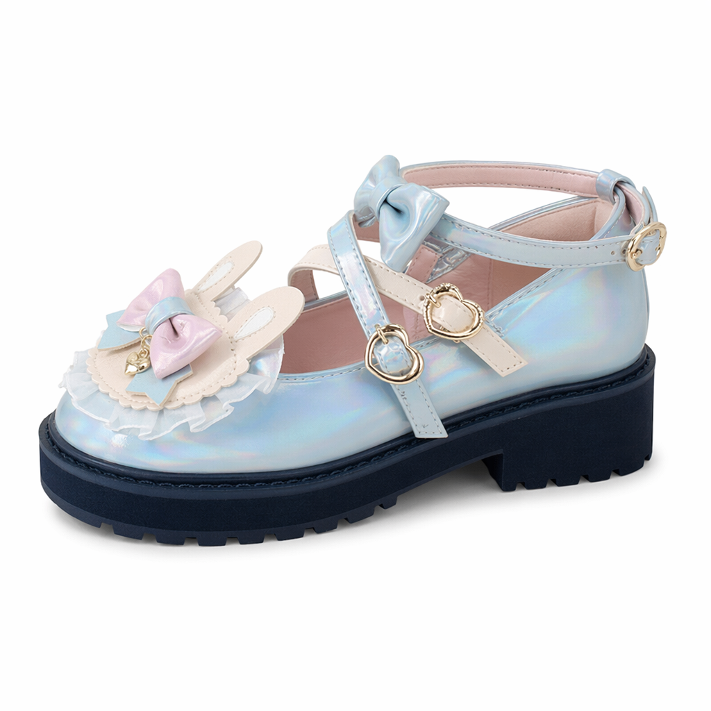 Holographic Bunny Ear Lolita Shoes for Kawaii Style Blue