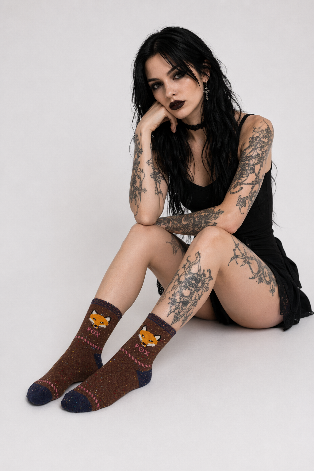 Snow Fox Christmas Socks with Embroidered Design and Vibrant Colors Brown Fox