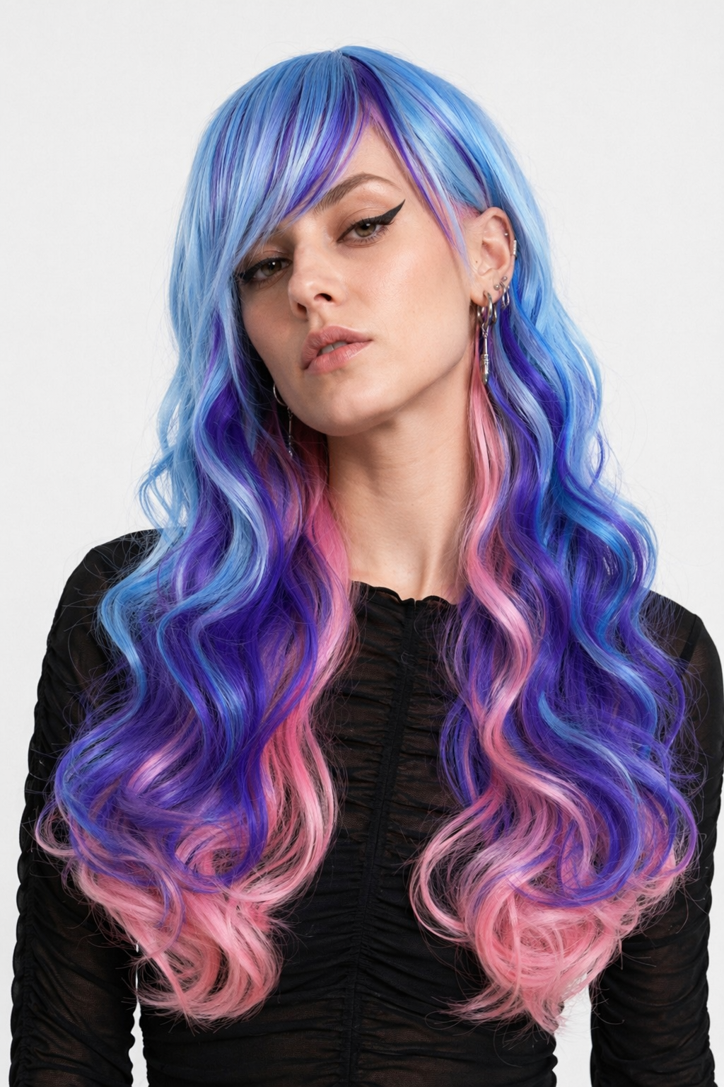 Stunning Long Cosplay Wig with Soft Fringe in Stylish Colors Curly Blue Purple Pink