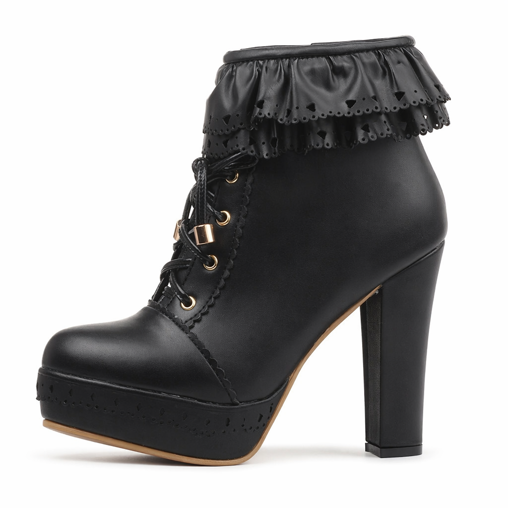 Sweet Lolita Booties with Ruffled Trim and Comfortable Design Black