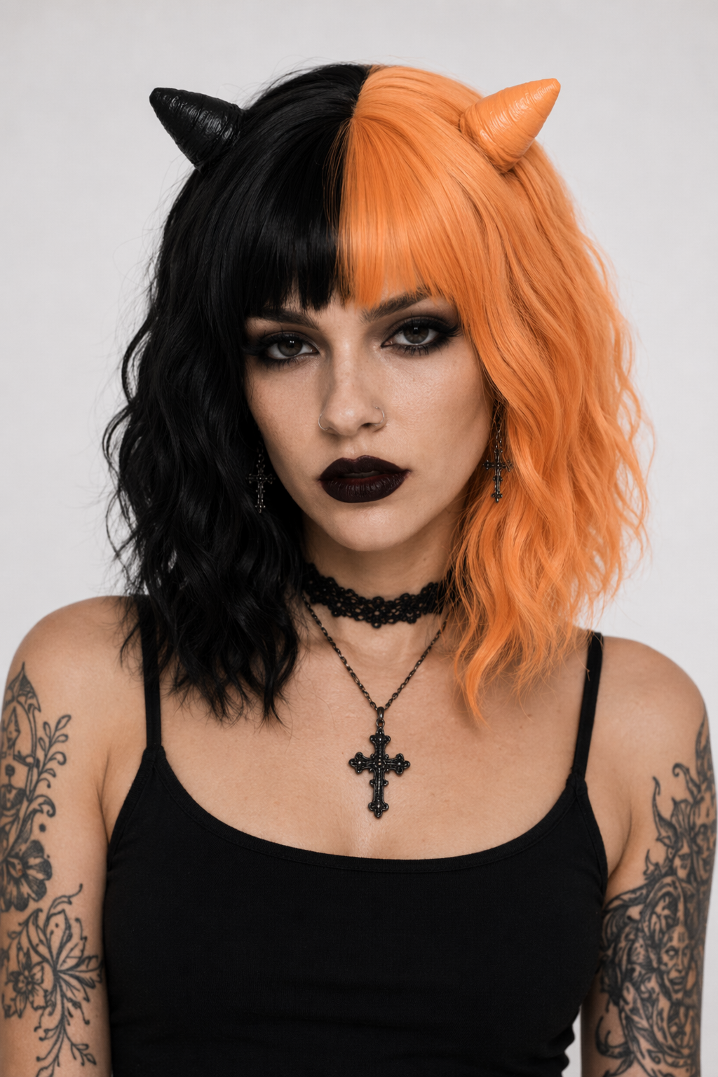 Orange and Black Two Tone Medium Length Lolita Wig in New Condition Wig With Horns