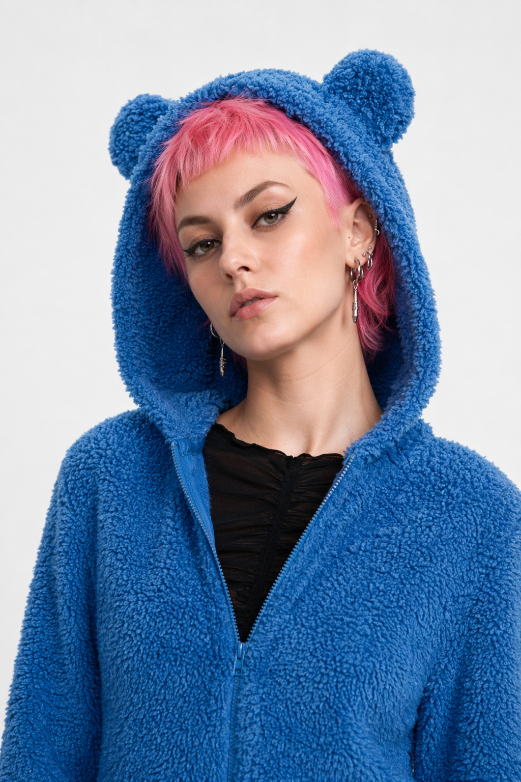 Adorable Vegan Fur Baby Bear Zippered Onesie with Ears Blue