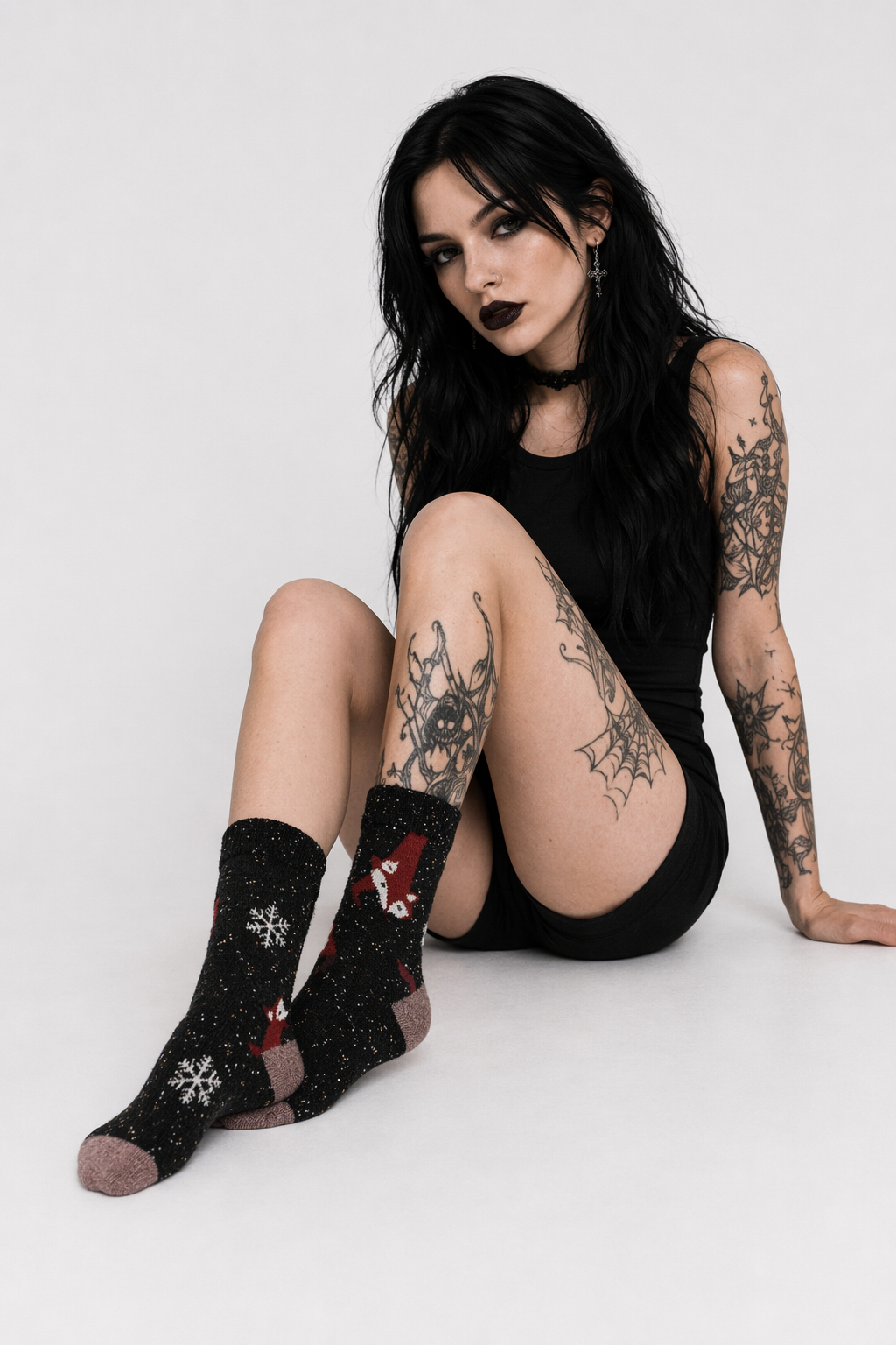 Snow Fox Christmas Socks with Embroidered Design and Vibrant Colors Black Fox Snowflake