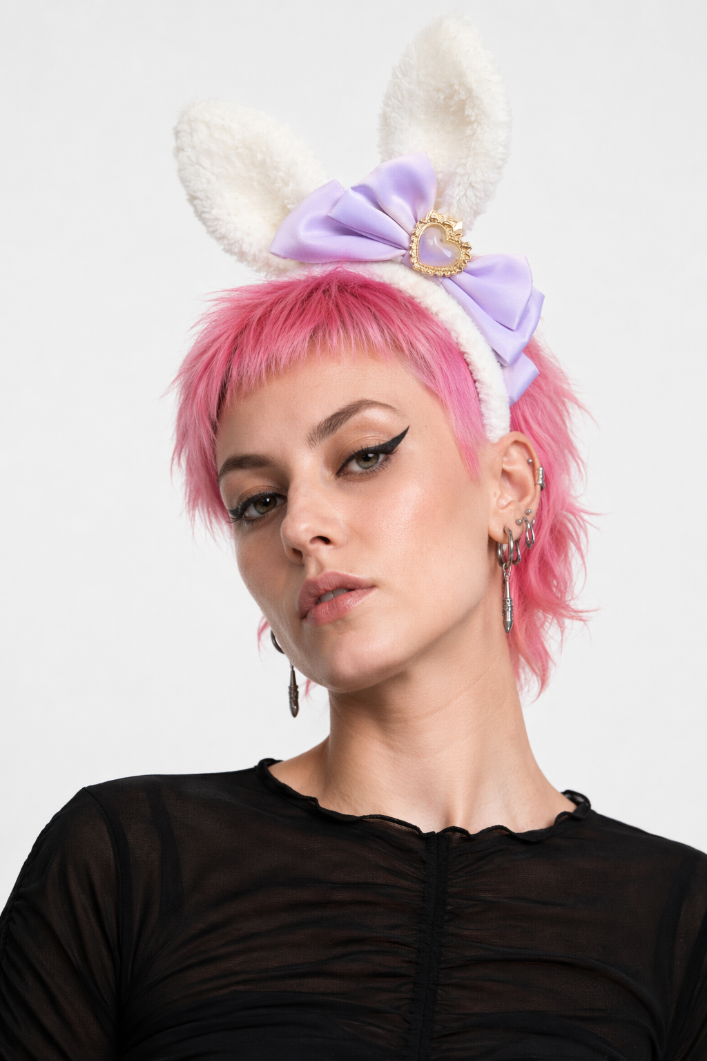 Luxurious Bunny Ears Headband with Satin Ribbons and Jewels Lavender