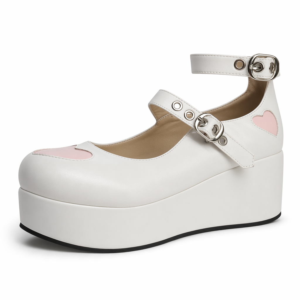 Babydoll Platform Wedge Mary Jane Shoes with Heart Buckle White Matte Big Heart