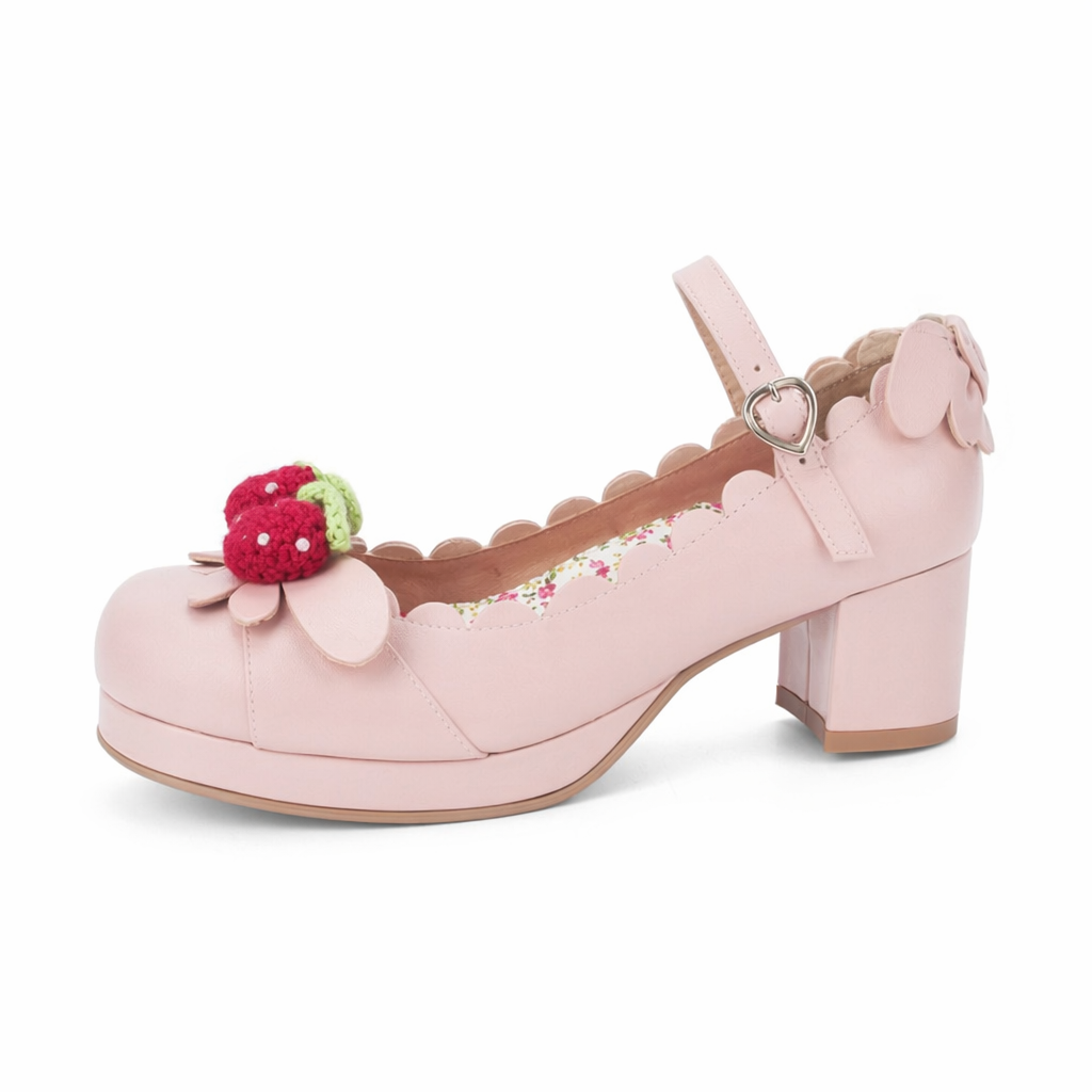 Sweet Lolita Fashion Shoes with Scalloped Trim and Heart Buckles Pink