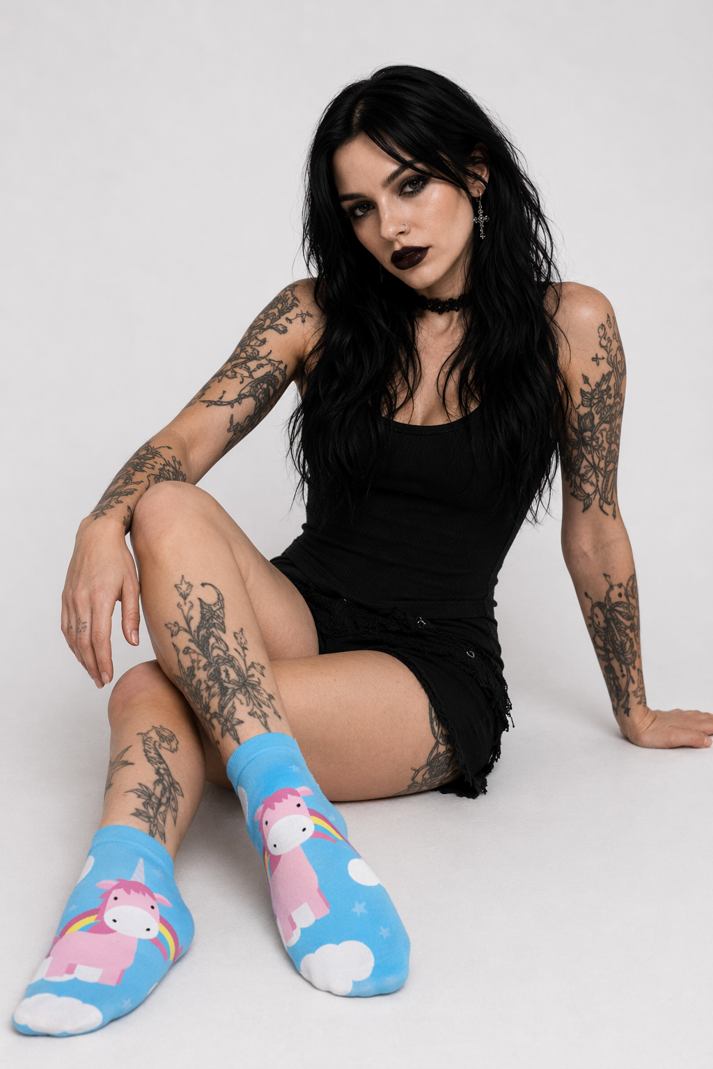 Kawaii Baby Blue Unicorn Ankle Socks with Rainbow and Clouds Default Title