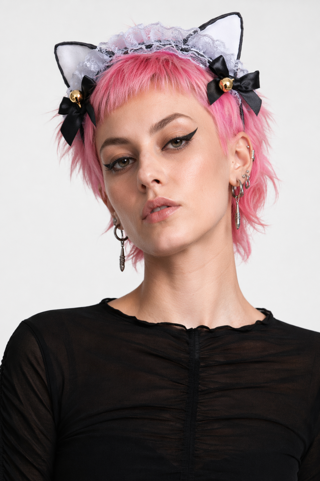 Cute Cat Ear Headband with Gold Bells and Lace Embellishments Gray