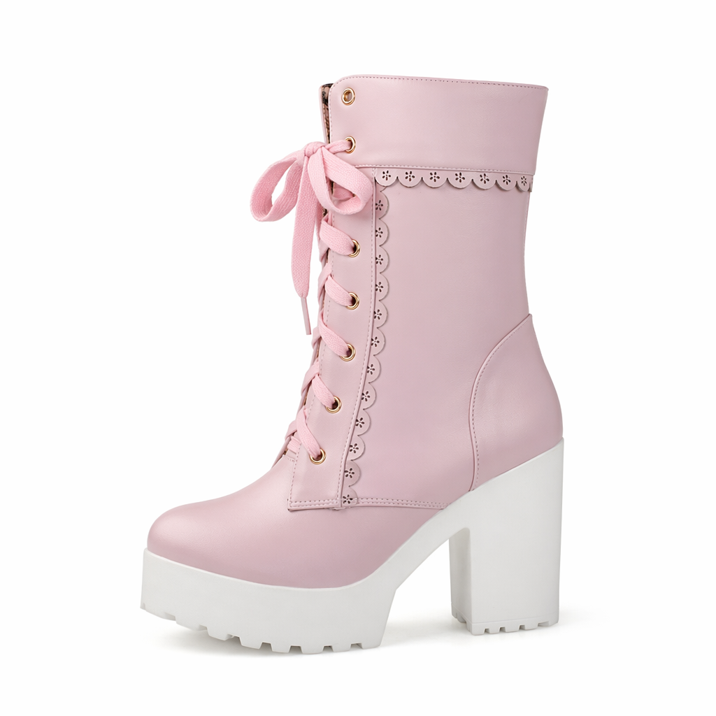 Chunky Ankle Booties with Lace Trim and Leopard Print Lining Pink