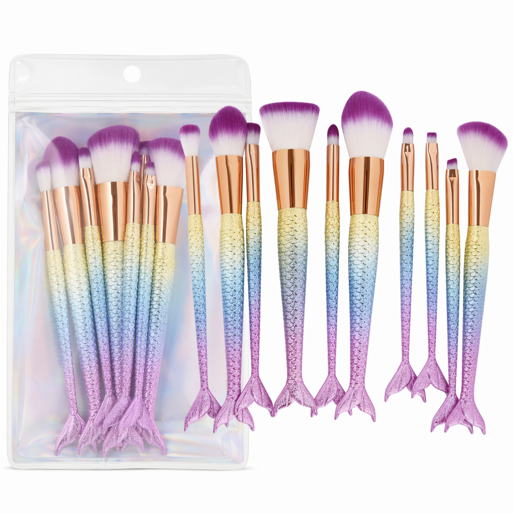 Unicorn Inspired Mermaid Fin Makeup Brushes Pastel Rainbow 10PCS