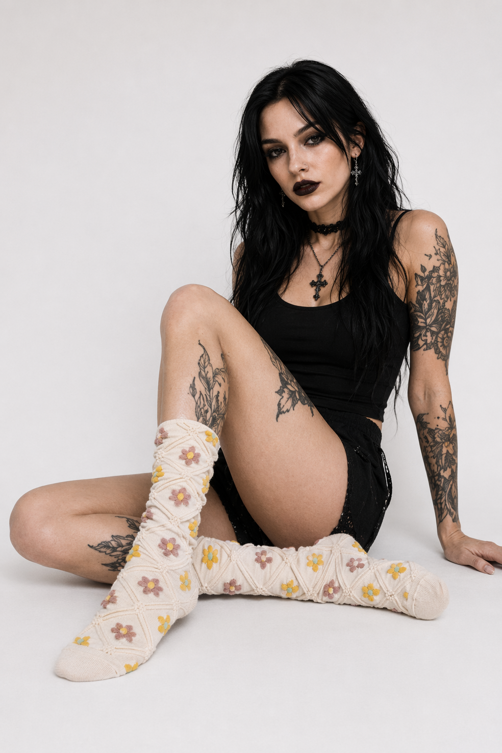 Pink Vintage Floral Socks for Kawaii and Fairycore Styles Set8-Big flowers