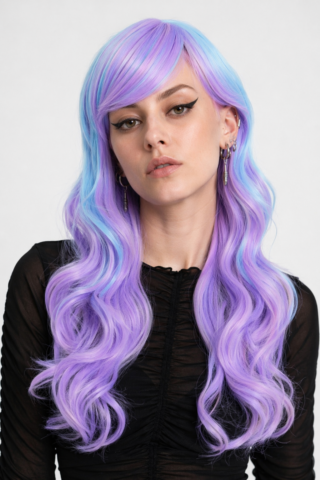 Stunning Long Cosplay Wig with Soft Fringe in Stylish Colors Curly Blue Pink