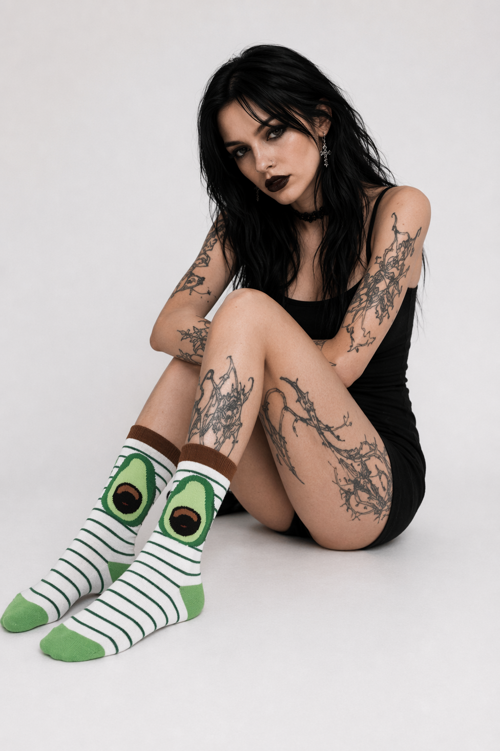 Cute Avocado Socks with Kawaii Face and Striped Design Striped Avocado