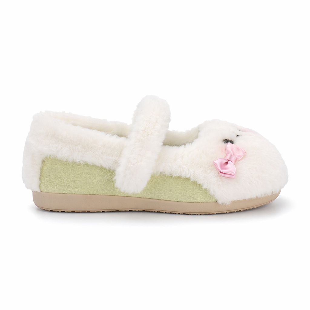 Fuzzy Bear Inspired Maryjane Shoes with Fluffy Faux-Fur and Ribbons White