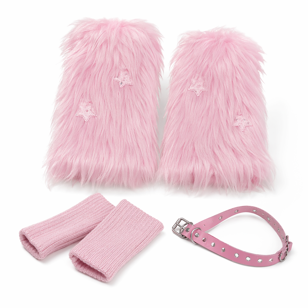 Pink Shaggy Fur Boot Covers for Dollcore and Barbie Inspired Outfits 3 piece Set