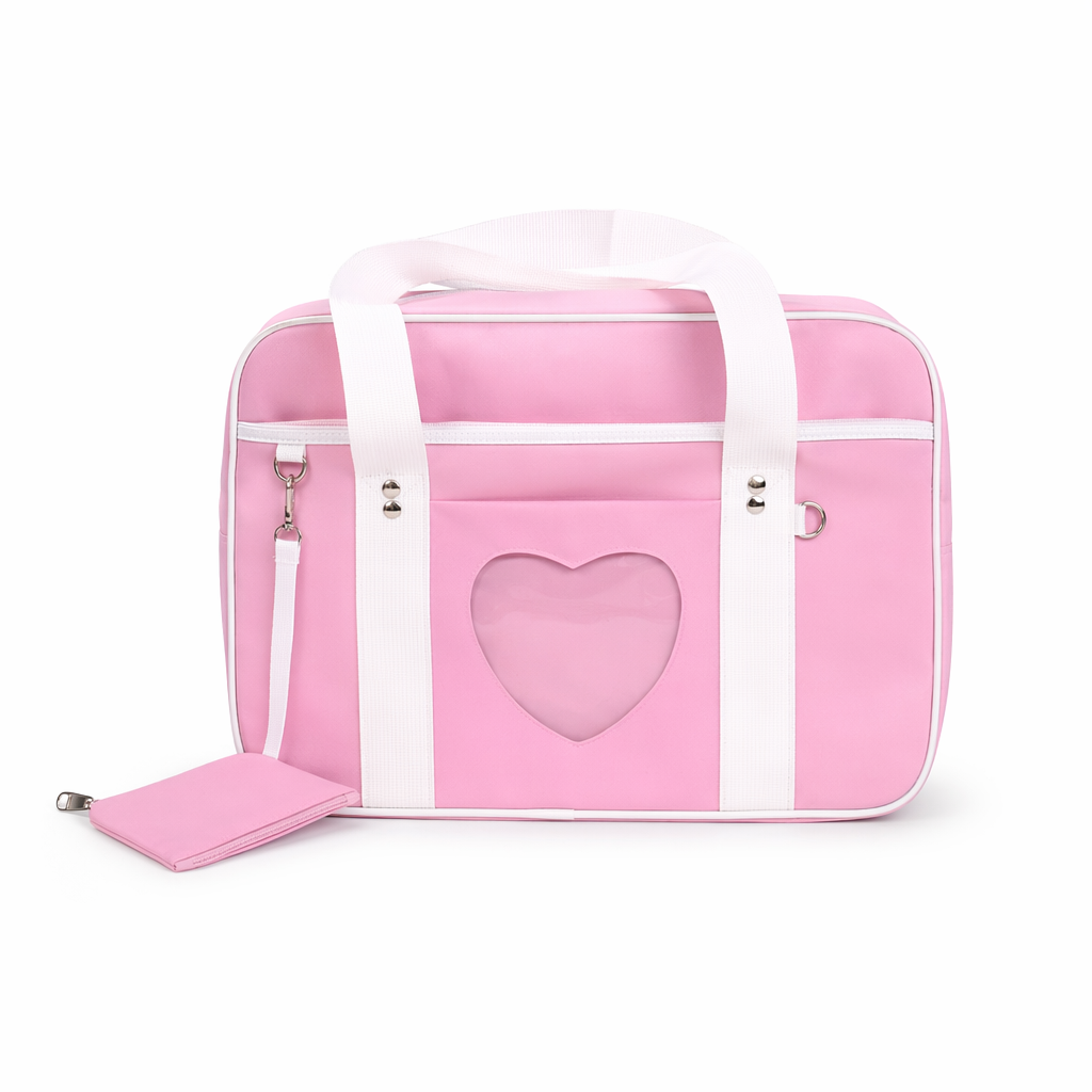 Kawaii Pastel Duffle Bag with Transparent Hearts Pink