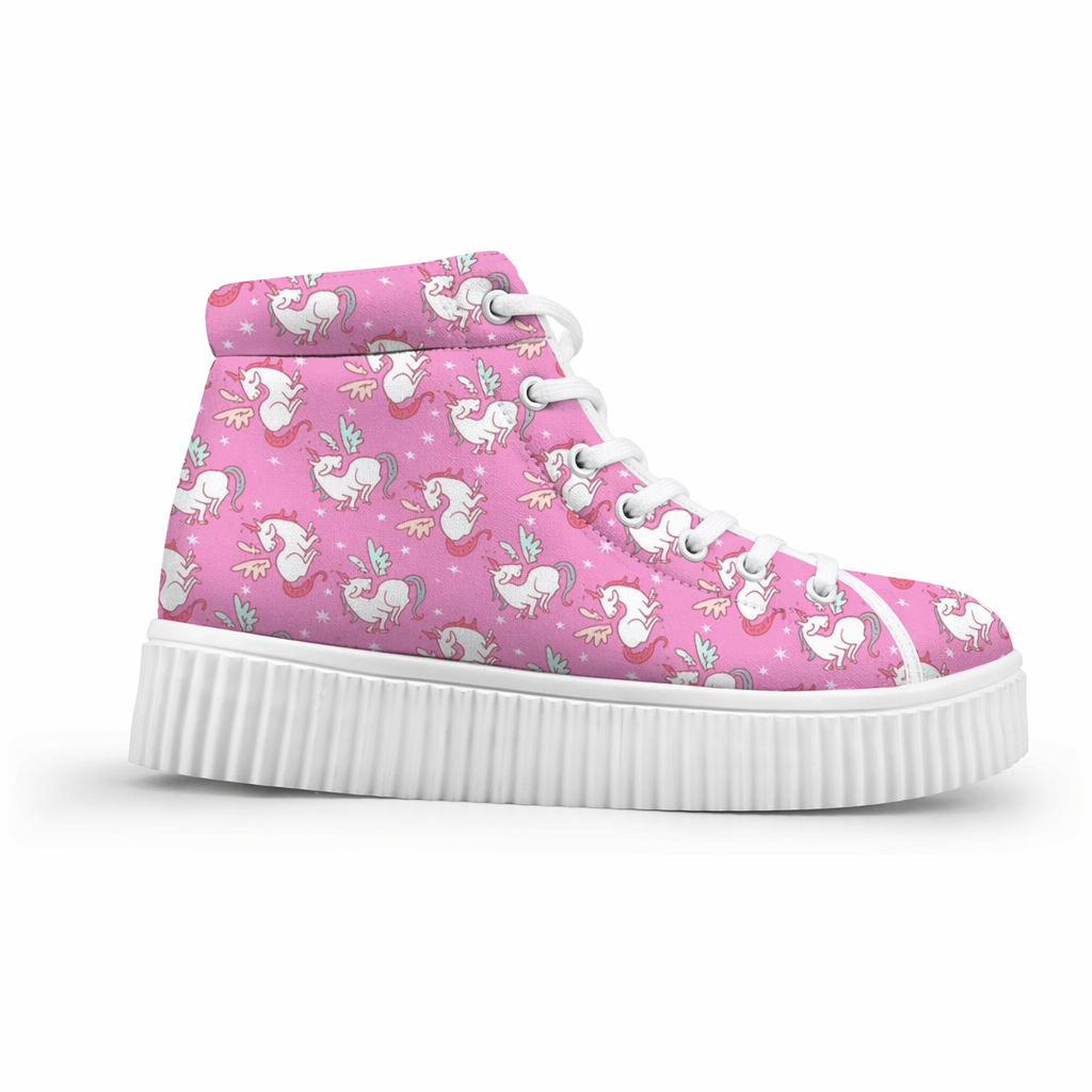 Canvas Hi Top Unicorn Pattern Shoes with Comfortable Wedge Heel Pink Purple Unicorn