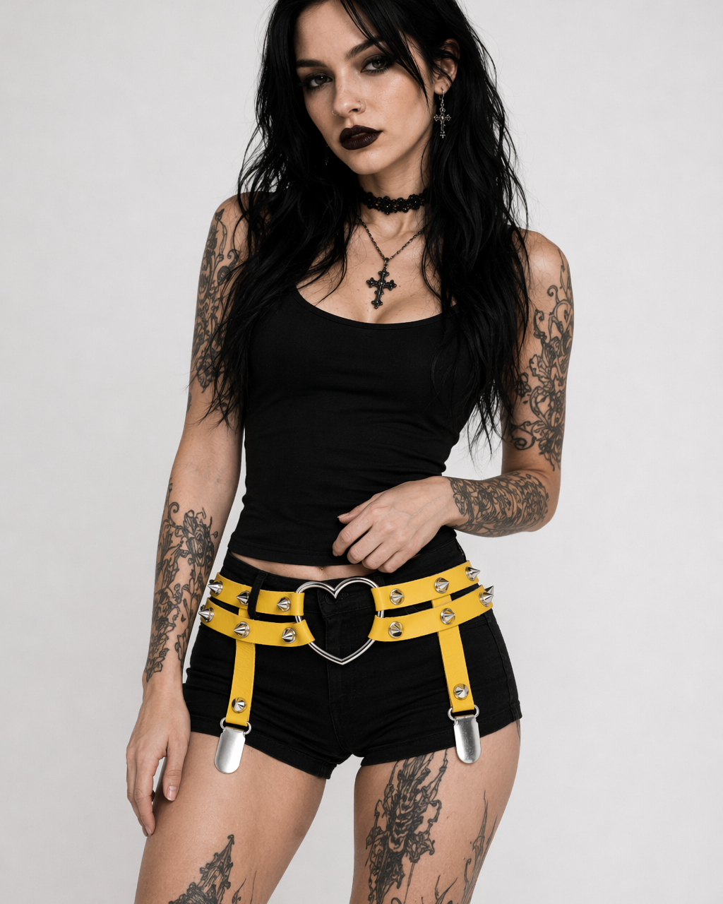 Spiky Garter Belt with Punk Rock Style and Metal Heart Yellow