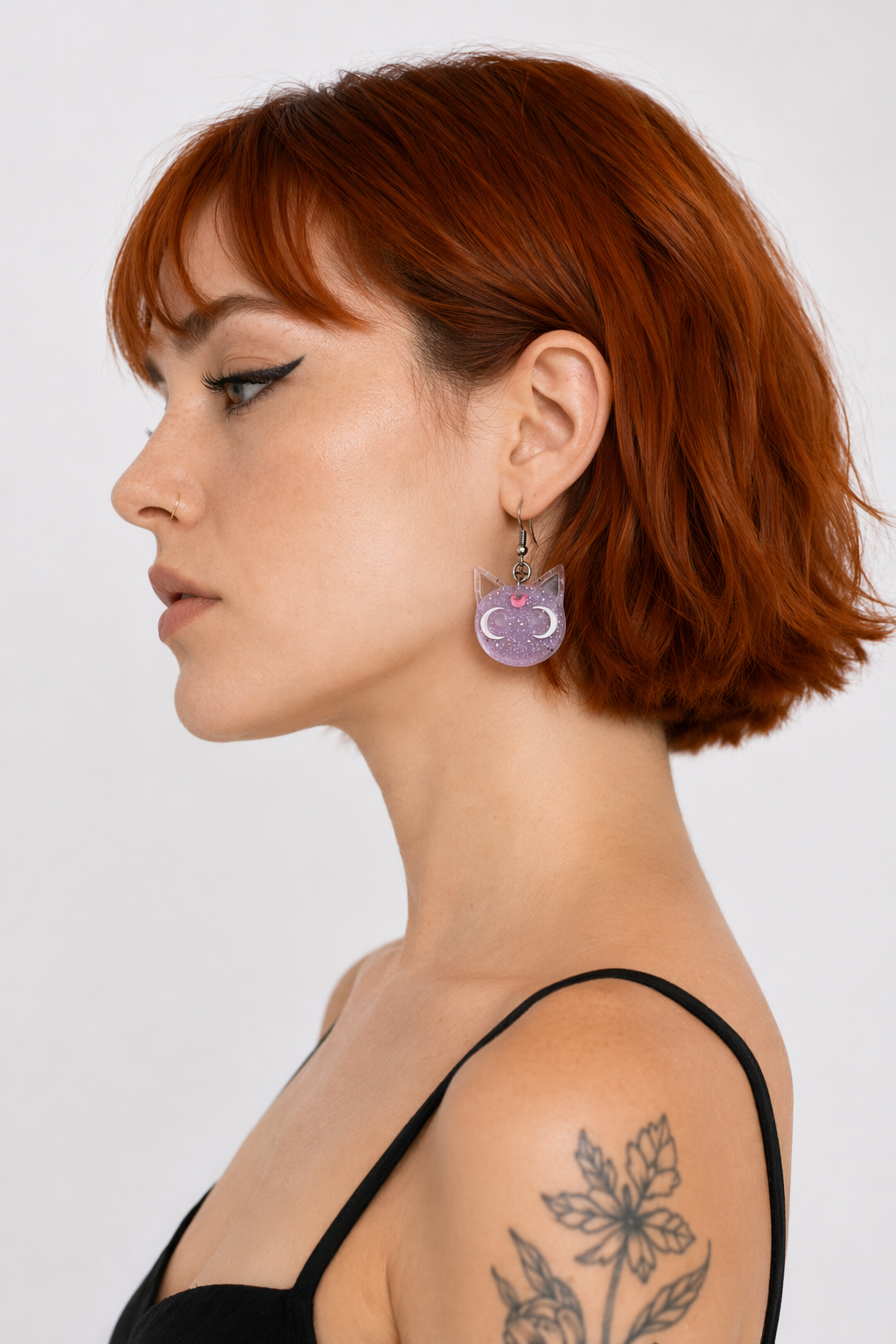Glittery Cat Earrings with Half Moons in Resin Art Purple
