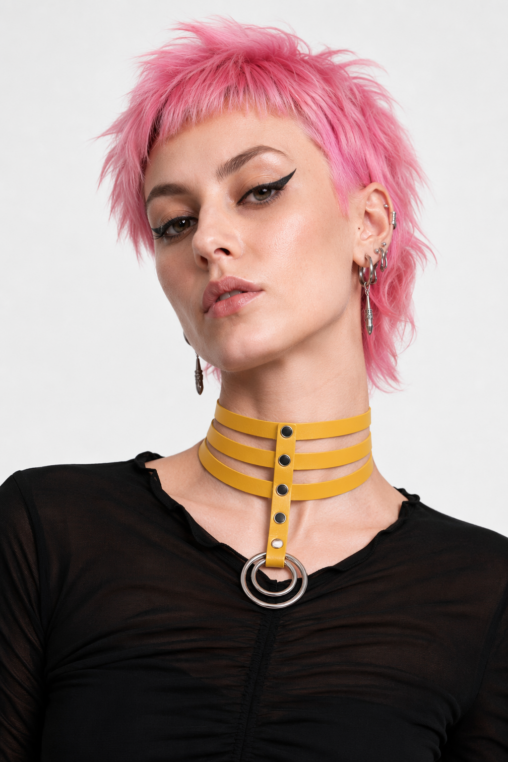 Vegan Leather High Elongated Collar with Built-in O-Ring Hook Yellow