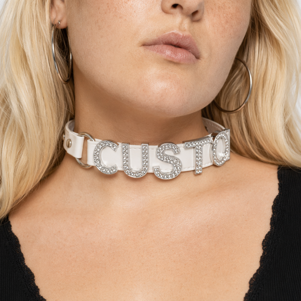 Customizable Vegan Leather Rhinestone Choker Necklace White Silver