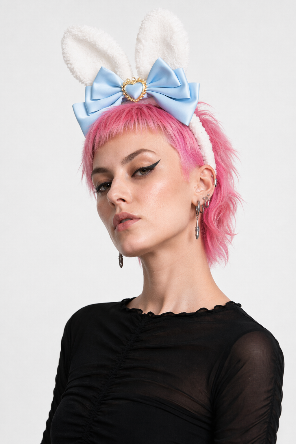 Luxurious Bunny Ears Headband with Satin Ribbons and Jewels Baby Blue