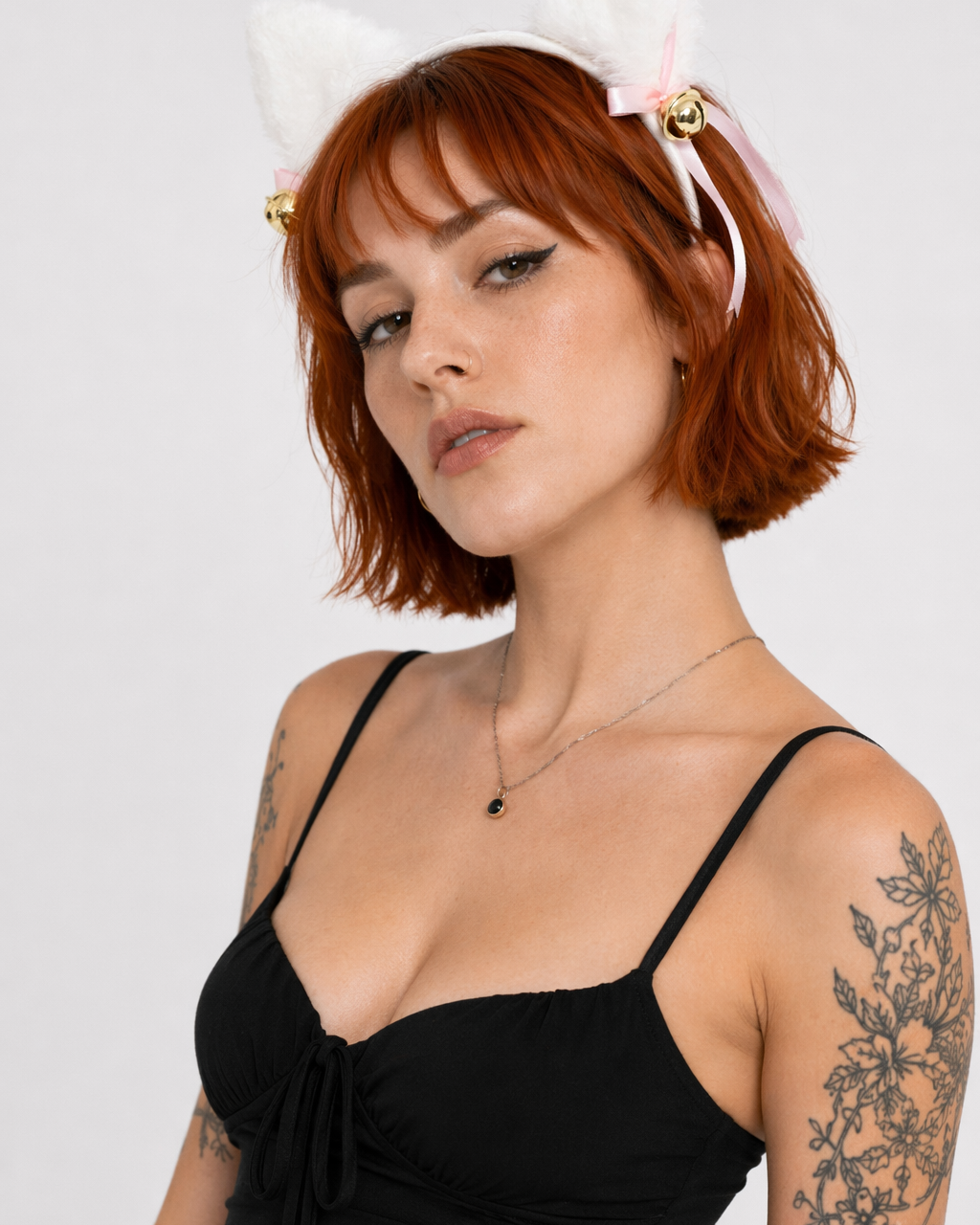 Fuzzy Kitty Cat Ear Headband with Bells and Ribbon White