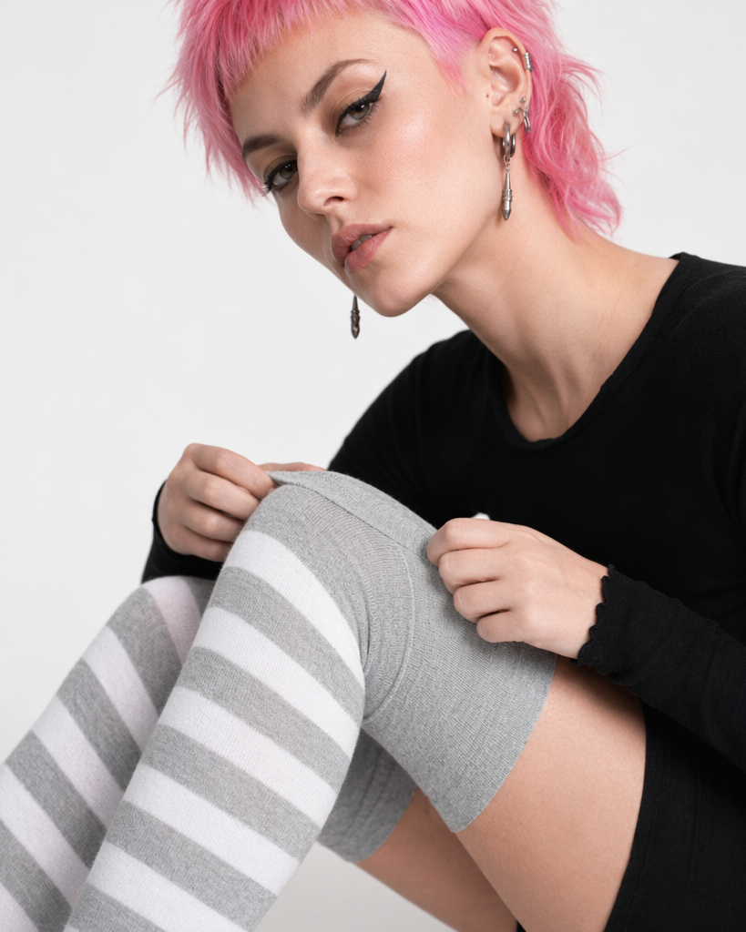 Thigh High Lolita Style Socks with Quality Elastic Comfort Gray
