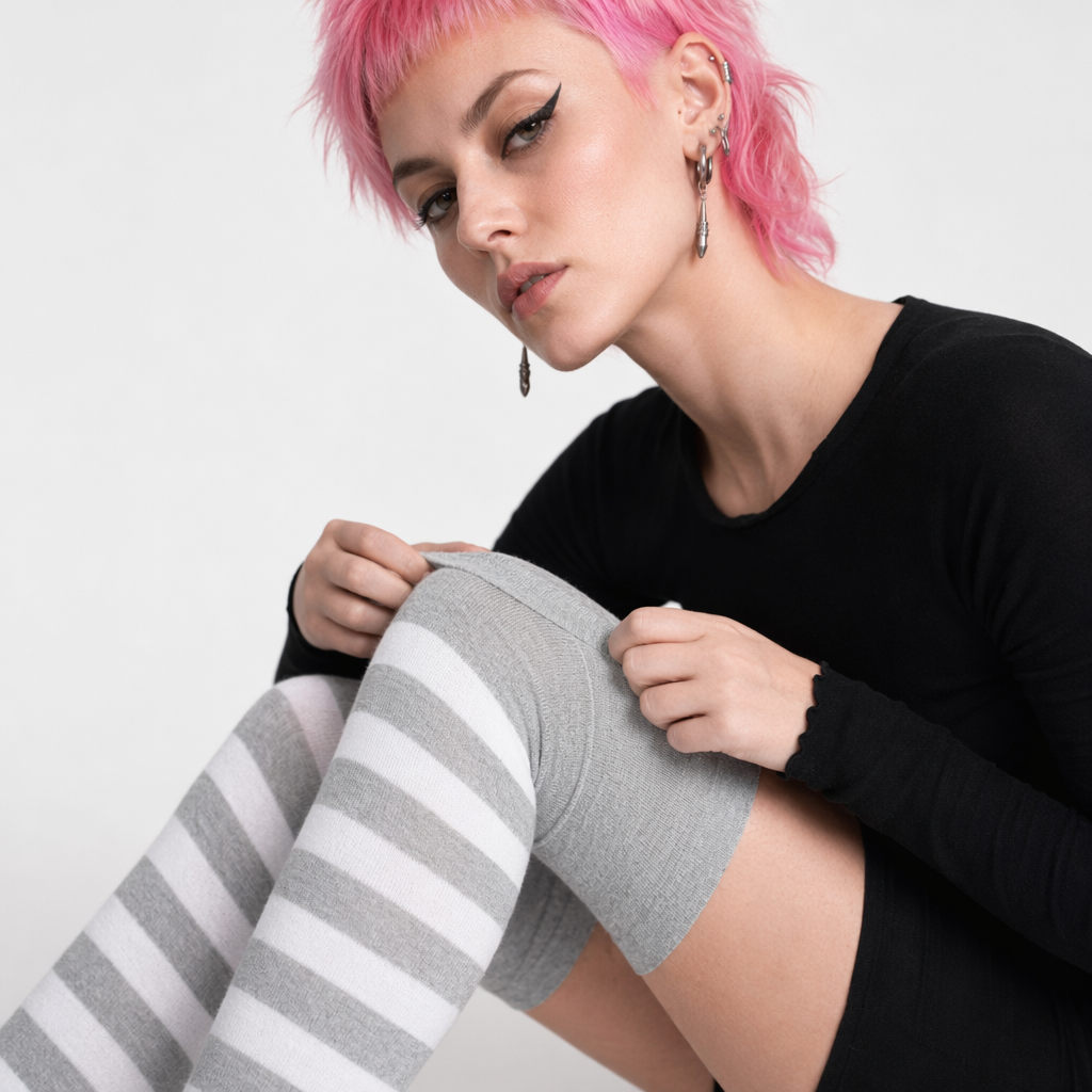 Thigh High Lolita Style Socks with Quality Elastic Comfort Gray