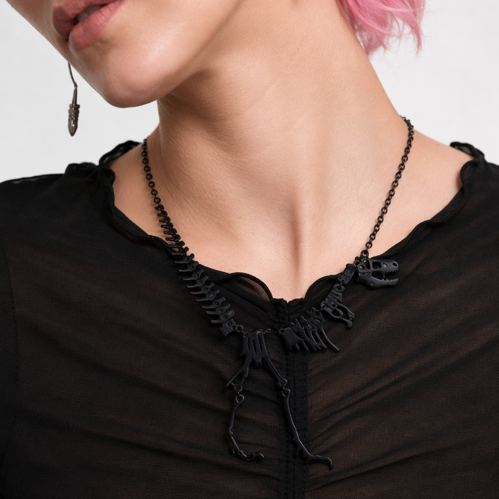 Cute T-Rex Bone Necklace in Black, Gold, or Silver Plated Hardware Black