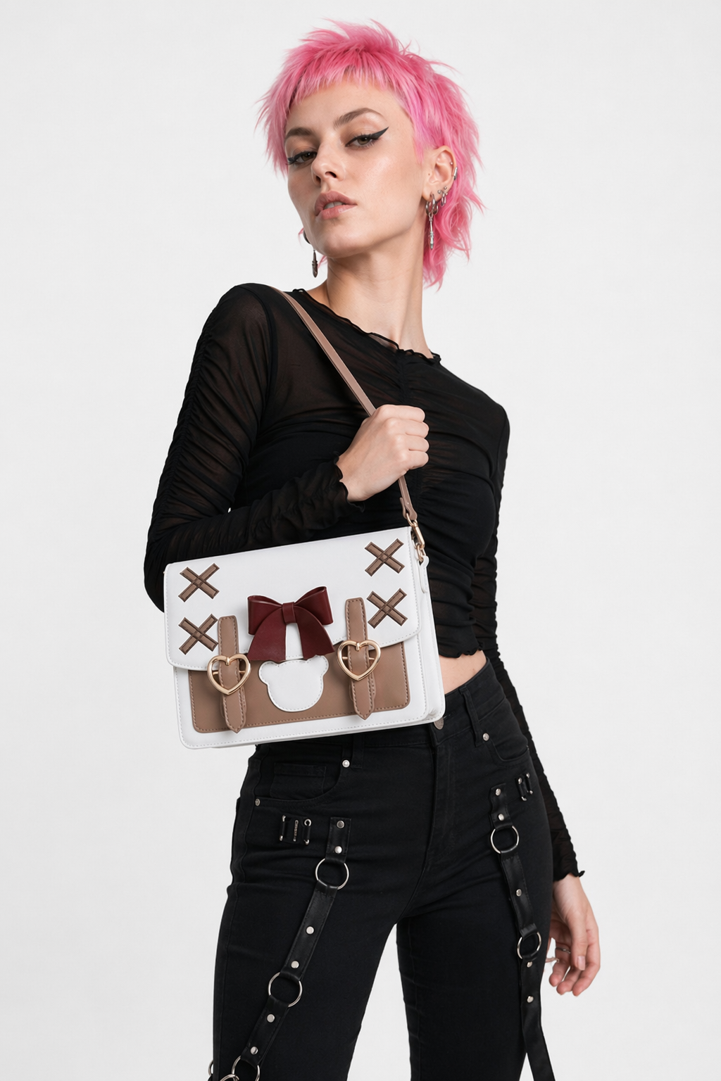 Baby Bear Lolita Handbag with Luxurious Vegan Suede and Leather White Brown