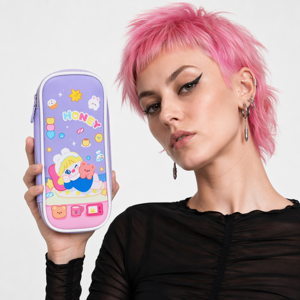 Vibrant Kawaii Bunny Bear Puppy Pencil Case or Makeup Bag Purple Honey